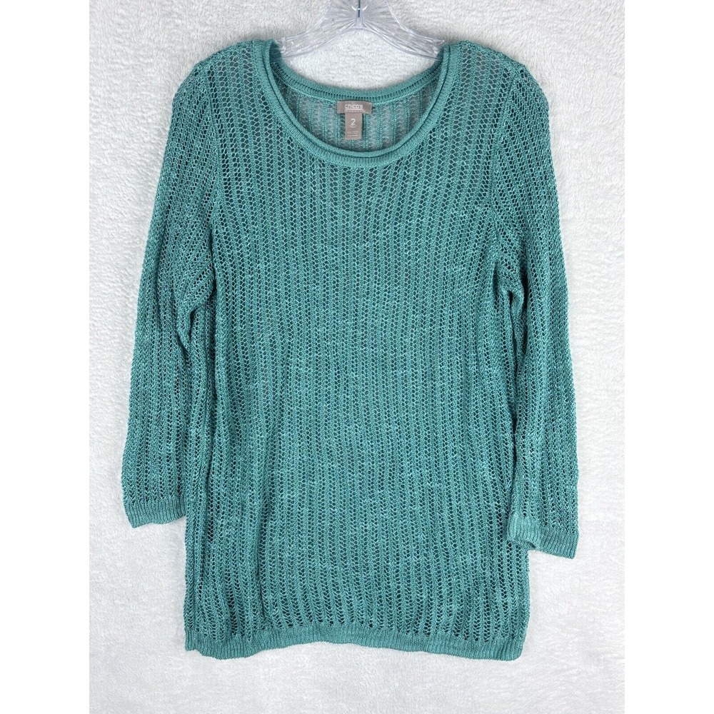 Chico's Crochet Pullover Sweater Top Teal Long Sleeve Knit‎ Size 2